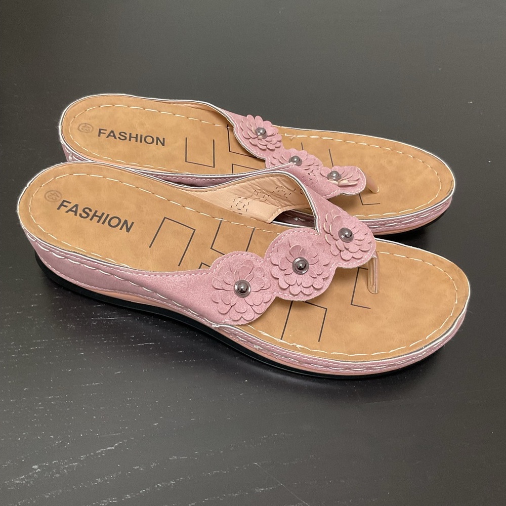 Women's Pink Sandals Faux Suede Flower Thong Sandals Size 43